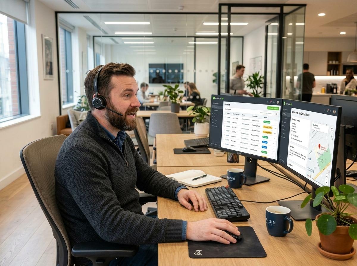 Multicore admin team handling calls and invoices for tradespeople